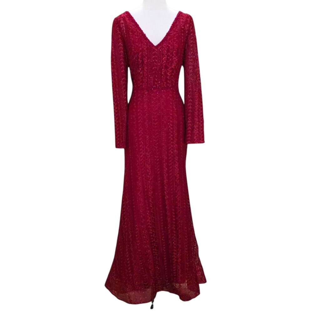 Mac Duggal Dress 12 Red Formal 20271 Embellished Long Sleeve Burgundy Gown - Picture 2 of 12